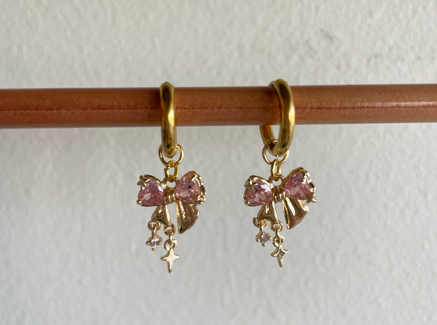 Gold Bow & Pink Heart Charm Earrings | Kawaii Rhinestone Jewelry