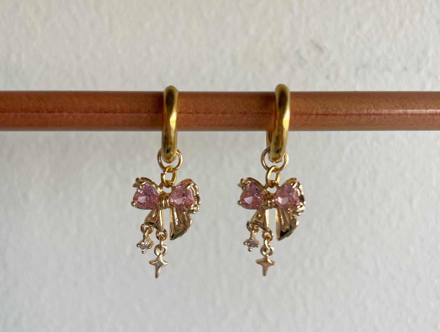 Gold Bow & Pink Heart Charm Earrings | Kawaii Rhinestone Jewelry