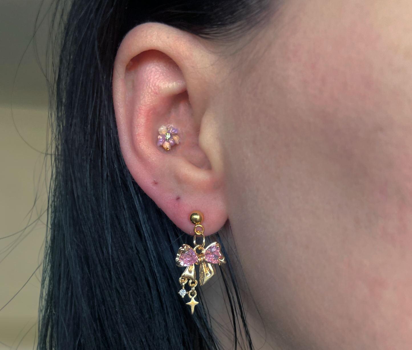 Gold Bow & Pink Heart Charm Earrings | Kawaii Rhinestone Jewelry