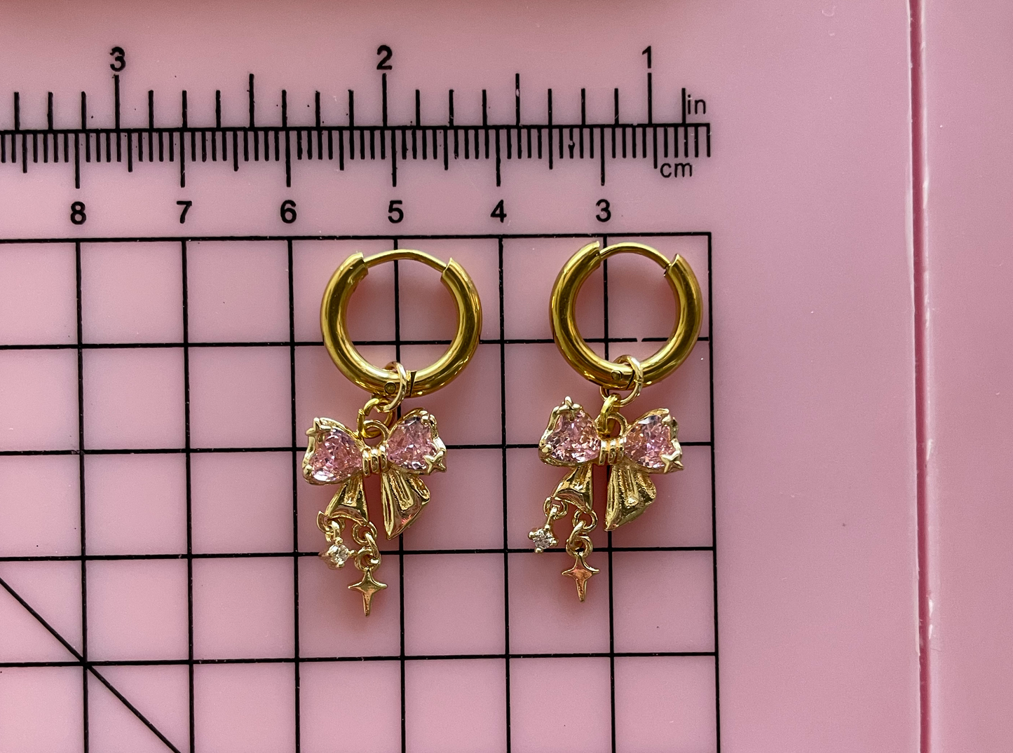 Gold Bow & Pink Heart Charm Earrings | Kawaii Rhinestone Jewelry
