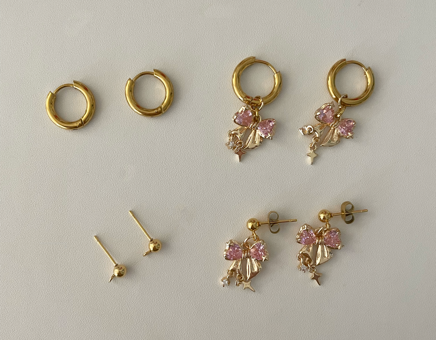 Gold Bow & Pink Heart Charm Earrings | Kawaii Rhinestone Jewelry