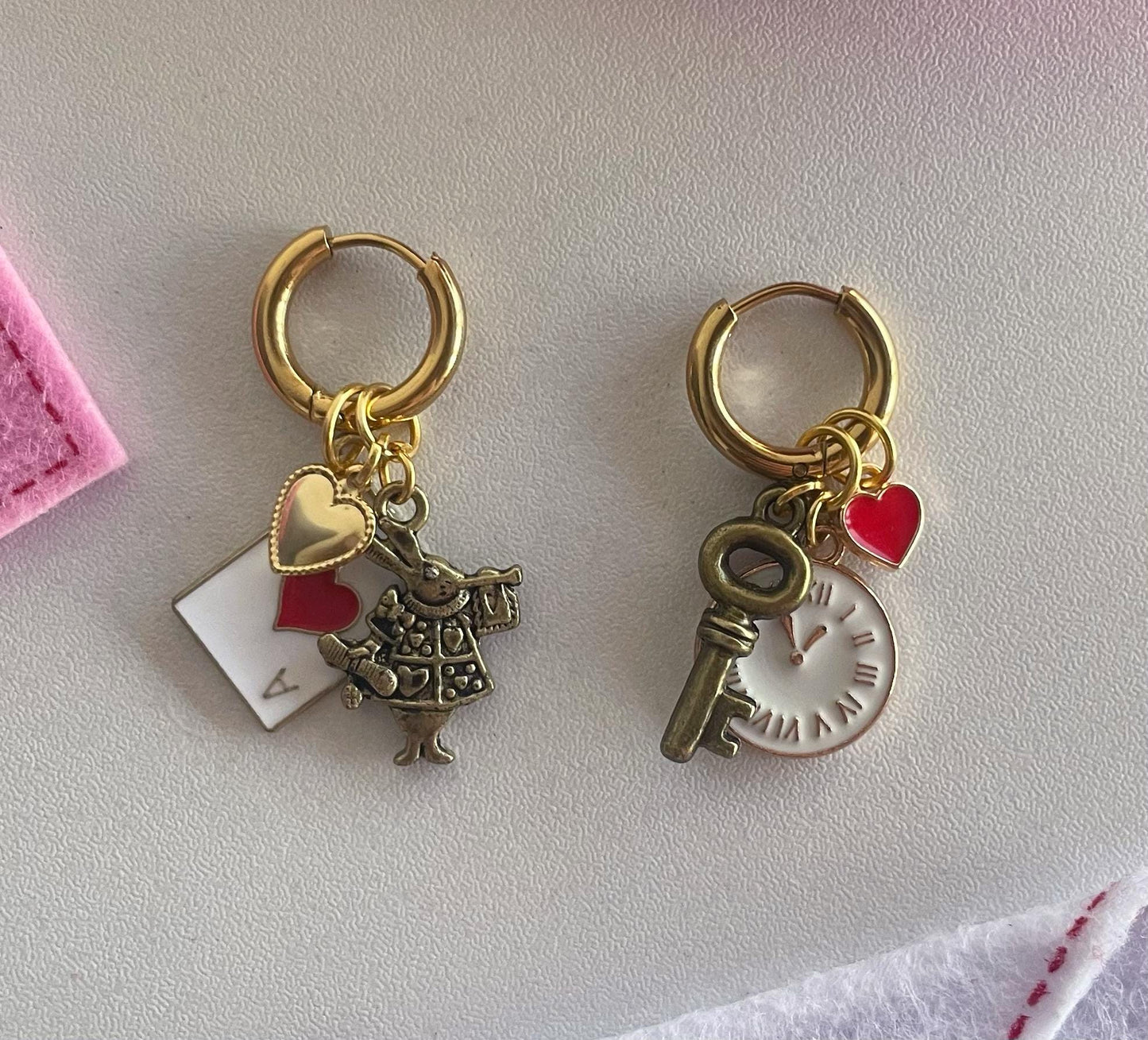 Alice in Wonderland Themed Bronze & Gold Charm Huggie Hoop Earrings