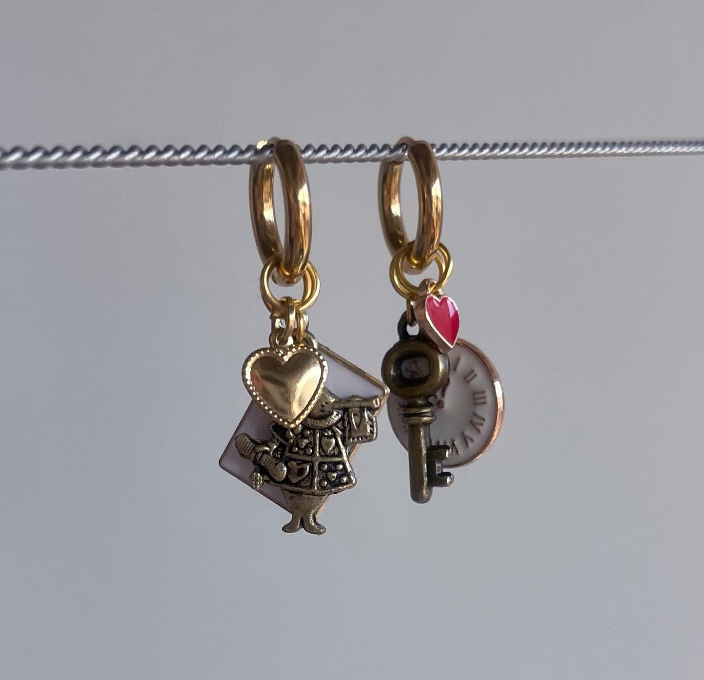 Alice in Wonderland Bronze & Gold Charm Huggie Hoop Earrings