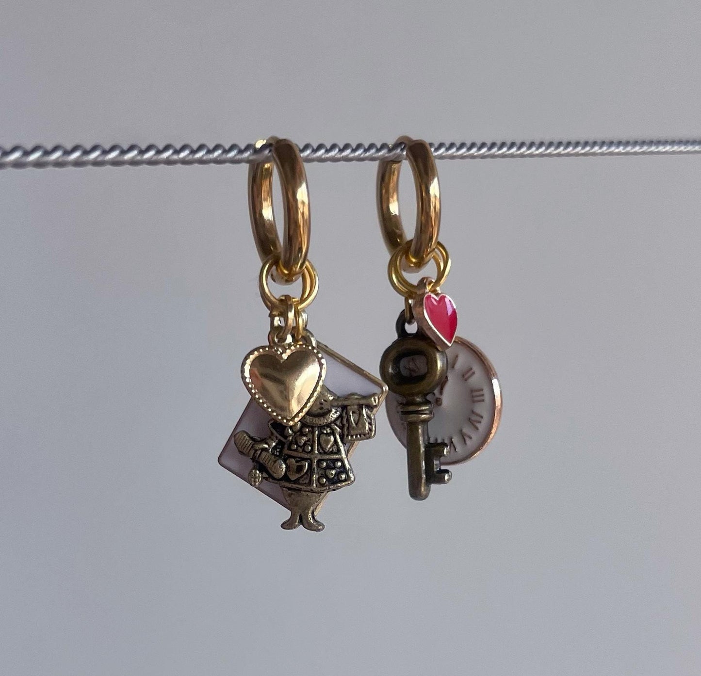 Alice in Wonderland Themed Bronze & Gold Charm Huggie Hoop Earrings