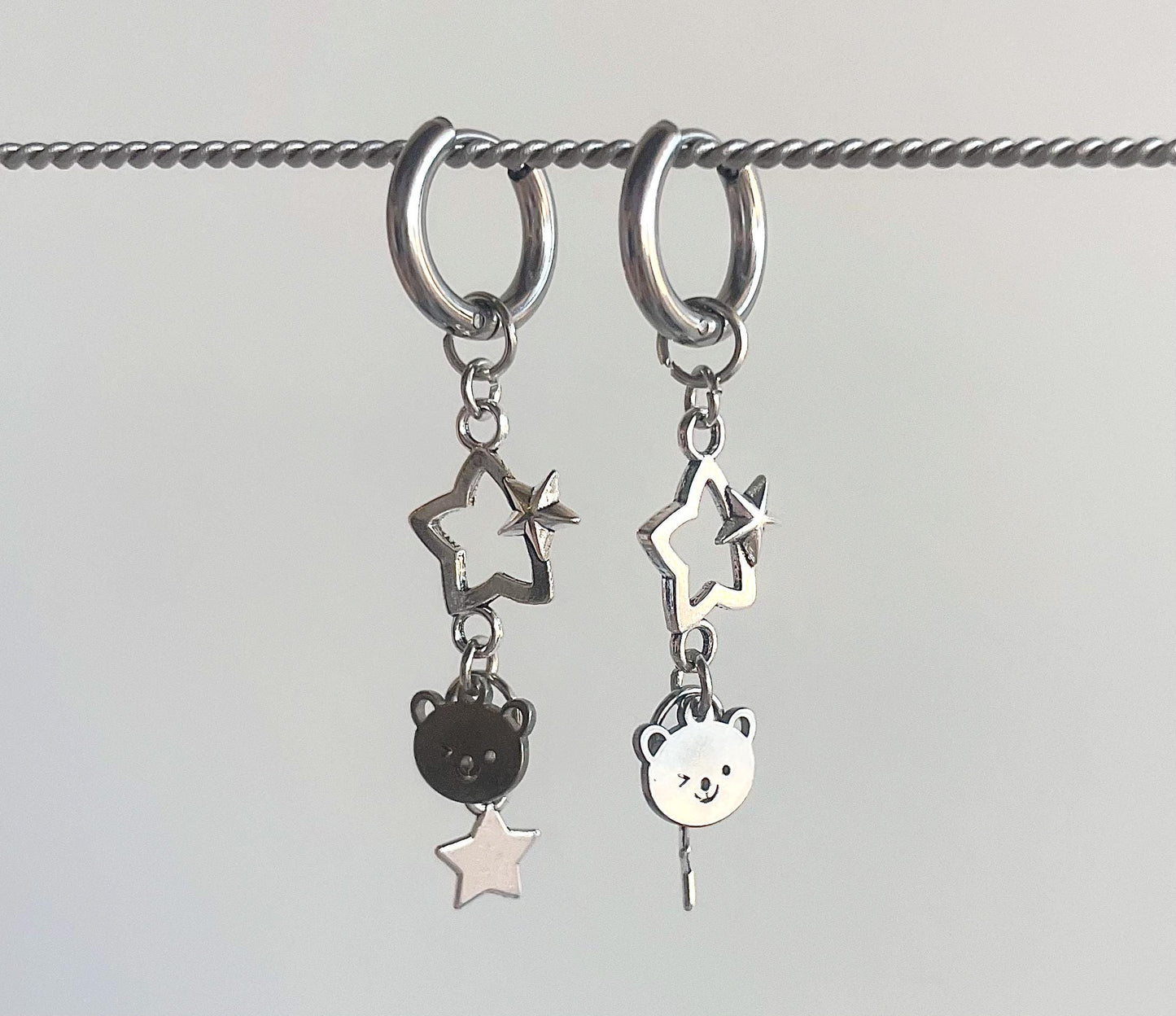 Starry Teddy Bear Kawaii Dangle Charm Earrings | Silver Huggie Hoops