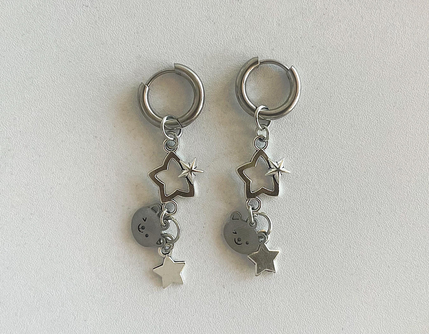 Starry Teddy Bear Kawaii Dangle Charm Earrings | Silver Huggie Hoops