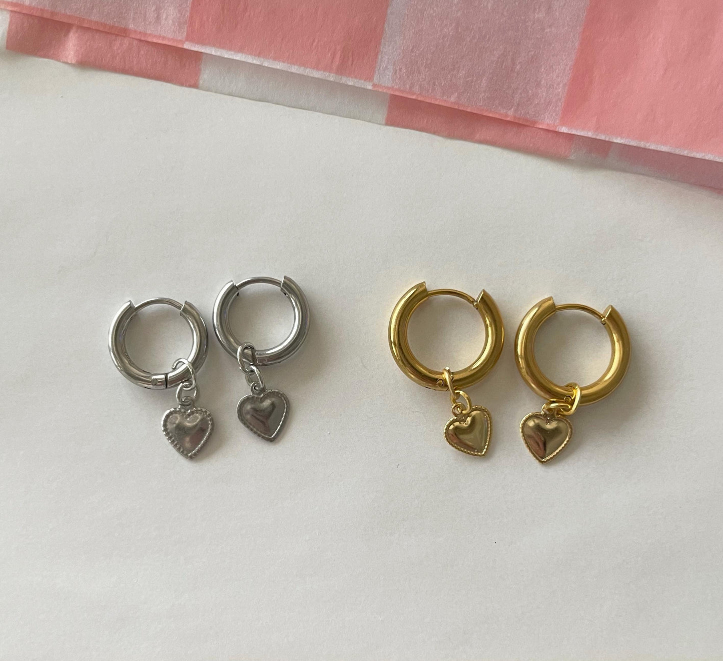 Tiny Stamped Heart Huggie Hoop Earrings | available in Gold & Silver
