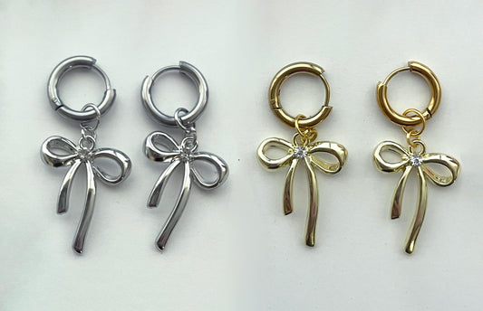 Rhinestone Bow Huggie Hoop Earrings | available in Gold & Silver