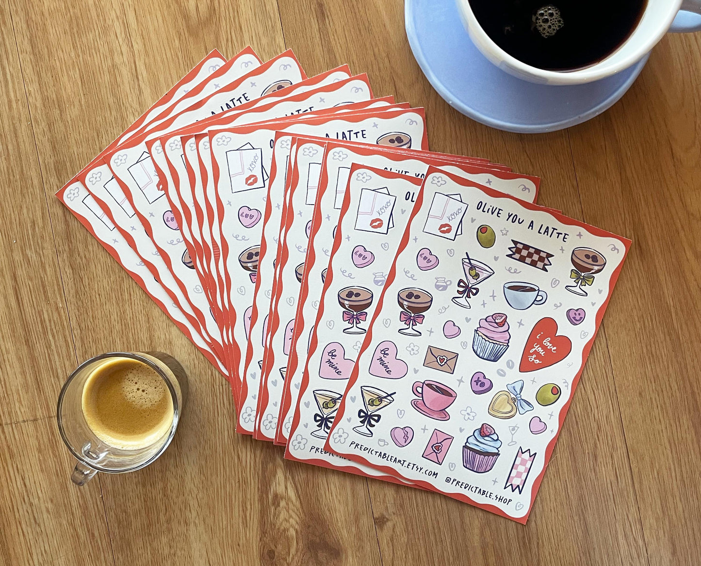 Olive You A Latte Matte Vinyl Sticker Sheet | 24pc sheet of Hand-drawn Illustrations