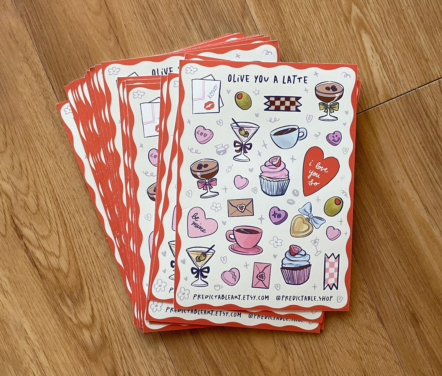 Olive You A Latte Sticker Sheet | 24 Hand-drawn Martini & Coffee Illustrated Vinyl Stickers