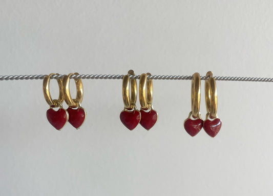 Ruby Red Heart Enamel Charm Huggie Hoop Earrings | Trendy Gold Jewelry