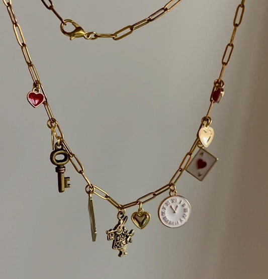 Alice in Wonderland Themed Bronze & Gold Charm Chain Necklace