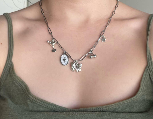Sweetheart Charm Necklace: Silver Bow, Cherry, Tulip, Martini Charms