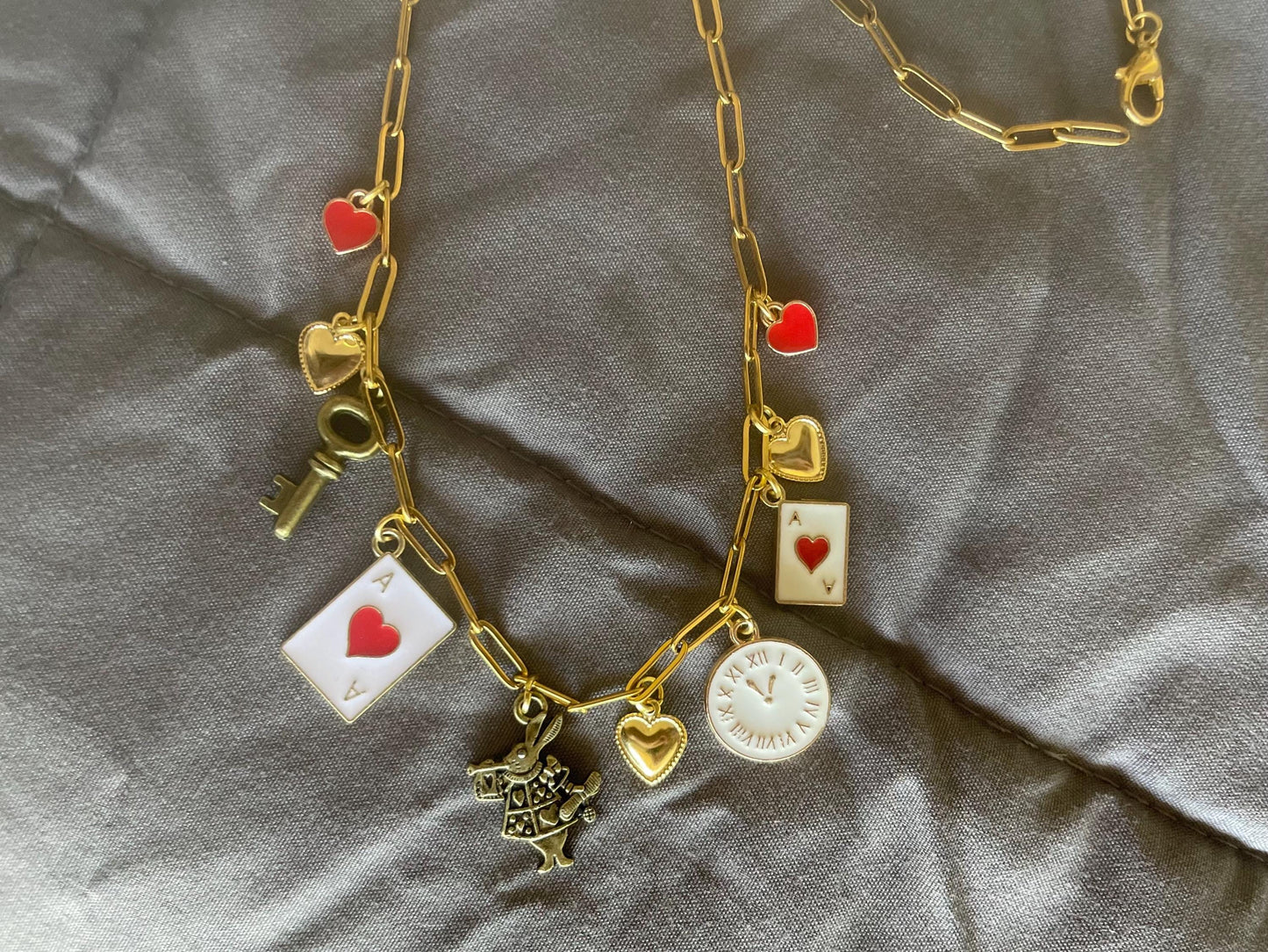 Alice in Wonderland Themed Bronze & Gold Charm Chain Necklace