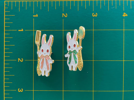 Whimsical White Rabbits with Silverware | Alice in Wonderland Inspired Enamel Pin Set of 2