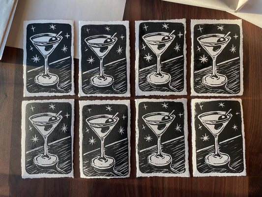 Dirty Martini, Extra Olive | 4x6" Original Hand-Carved Linocut Block Print