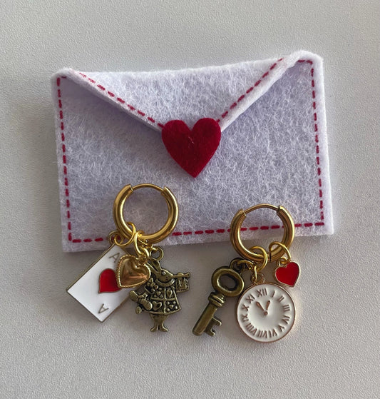 Alice in Wonderland Themed Bronze & Gold Charm Huggie Hoop Earrings