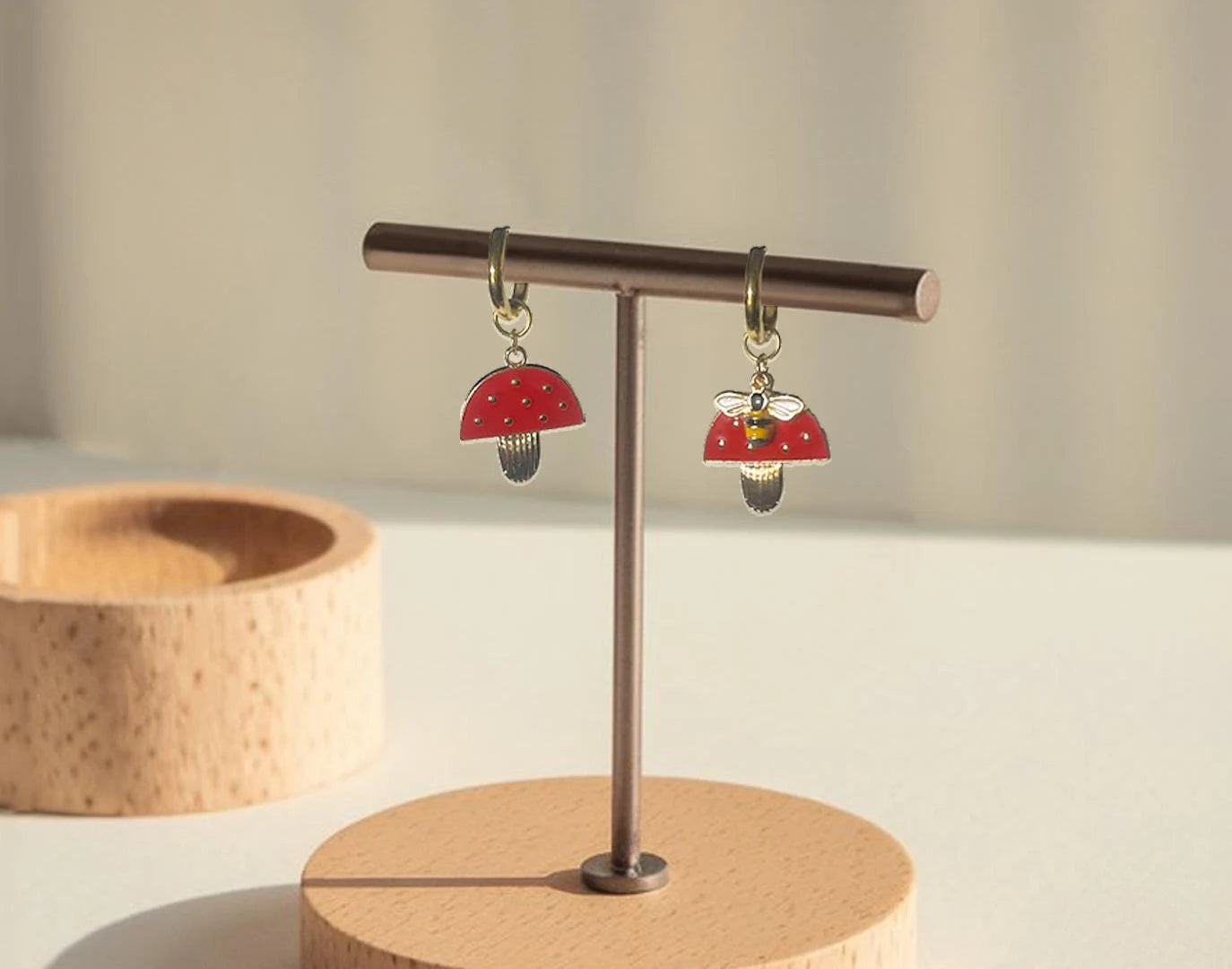 Mushroom & Bumblebee Charm Gold Huggie Hoop Earrings