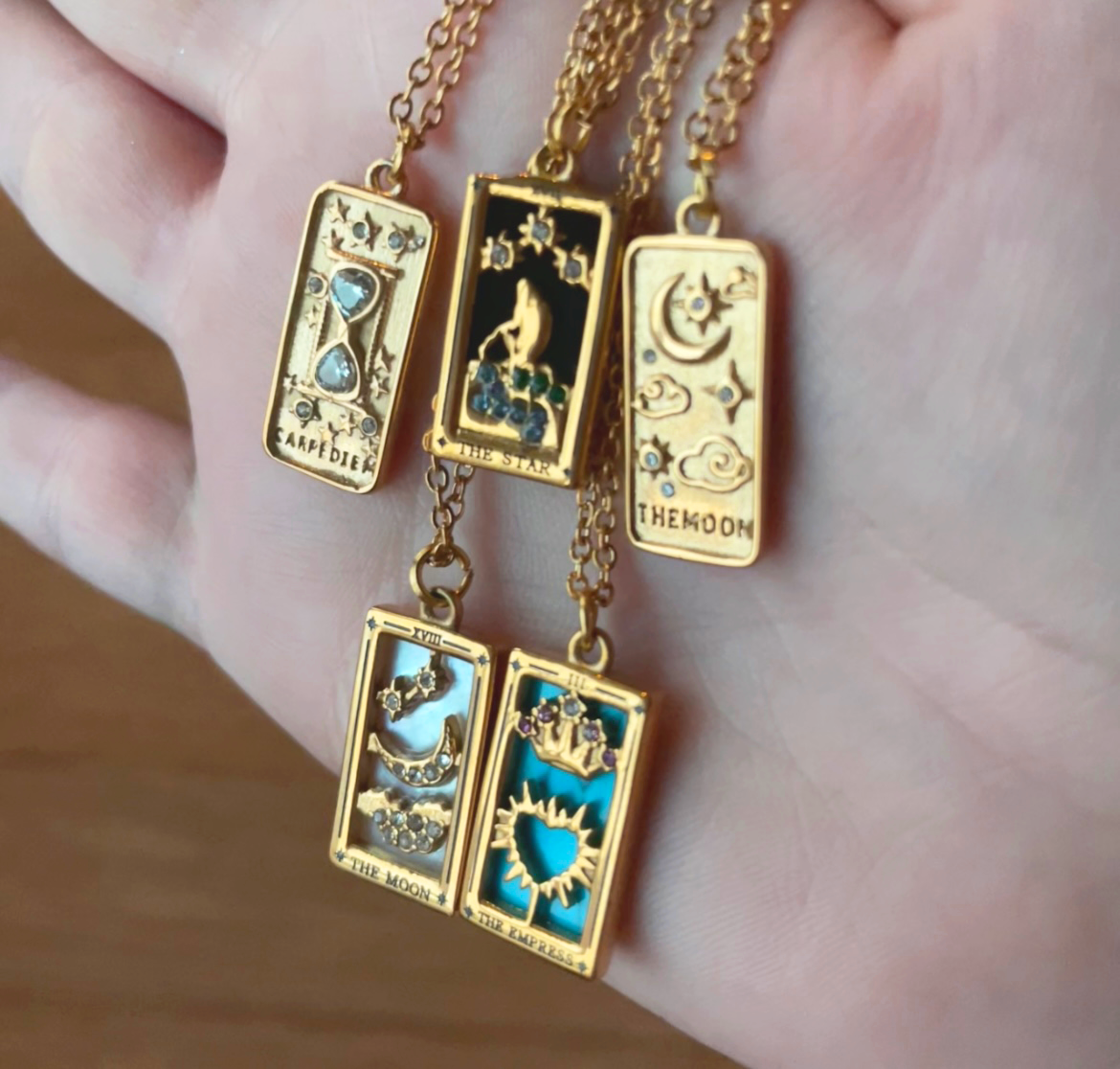 Tarot Card Gold Pendant Necklace | The Moon, The Star, The Empress & Carpe Diem | Celestial Jewelry