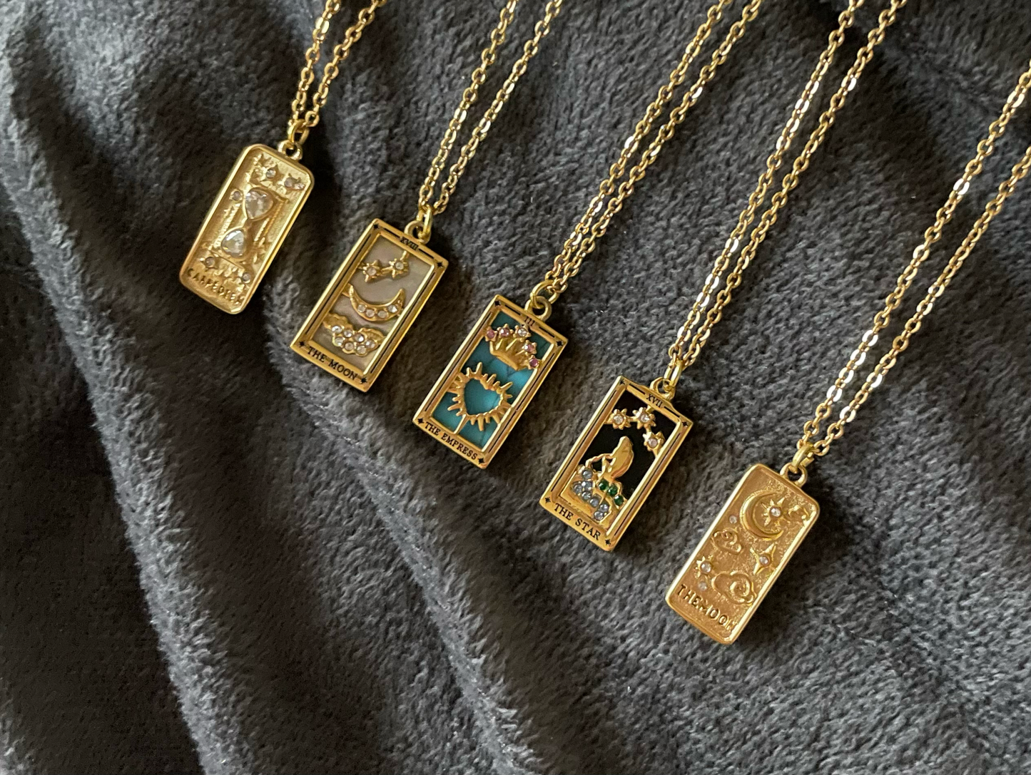 Tarot Card Gold Pendant Necklace | The Moon, The Star, The Empress & Carpe Diem | Celestial Jewelry