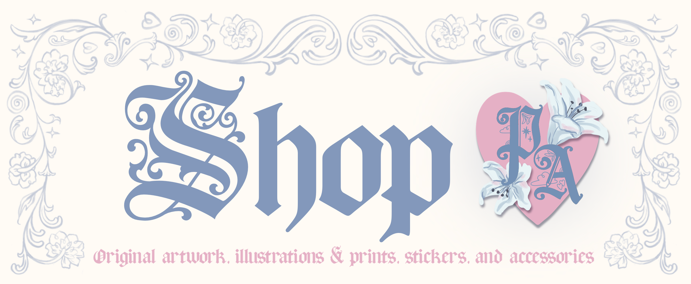 Graphic reads "Shop: Original artwork, illustrations & prints, stickers, and accessories