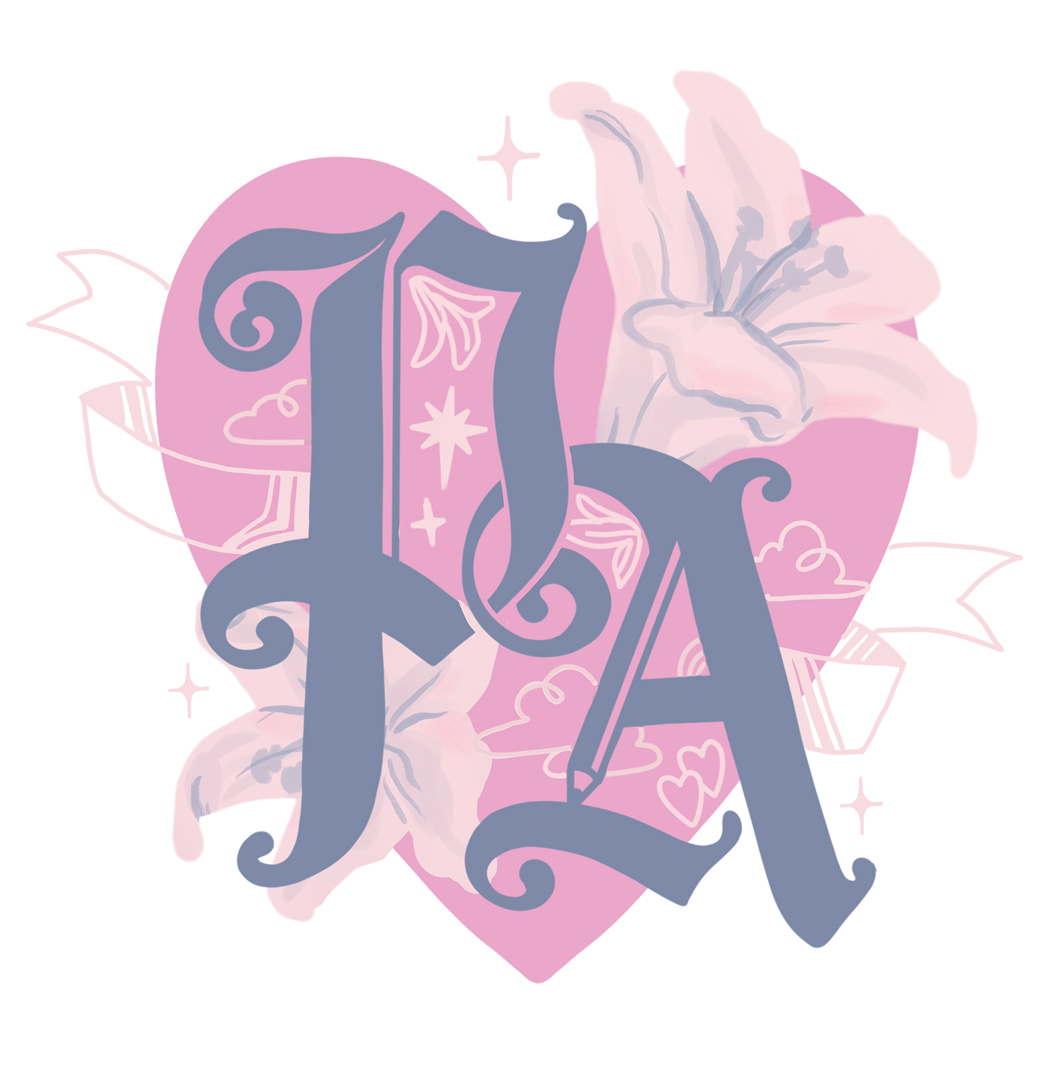 Decorative shop initials 'PA' with floral elements on a light pink heart