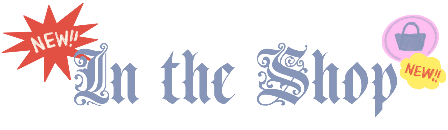 Decorative text 'In the Shop' with colorful graphics and 'NEW!' labels on a white background