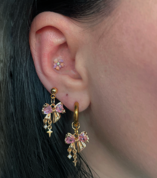 Gold Bow & Pink Heart Charm Earrings | Kawaii Rhinestone Jewelry