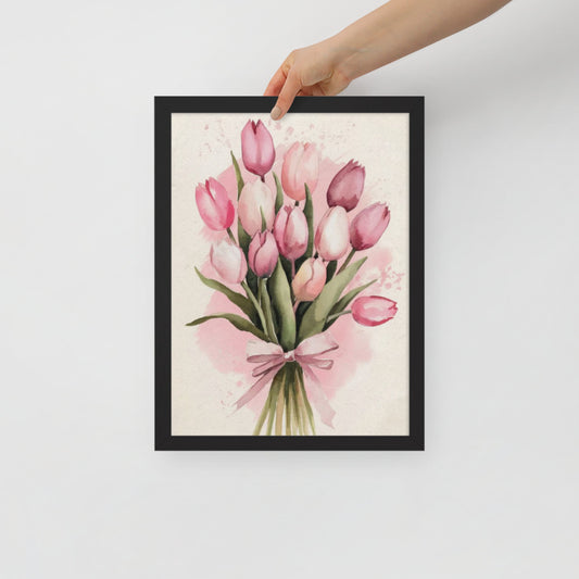 Pink Tulip Boquet Digital Watercolor | Framed Poster Art Print