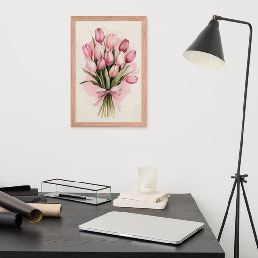 Pink Tulip Boquet Digital Watercolor | Framed Poster Art Print