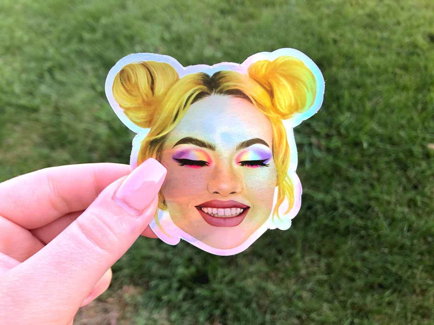 Smiling Spacebuns Girl | Rainbow Holographic Vinyl Sticker | Original Artwork Illustration
