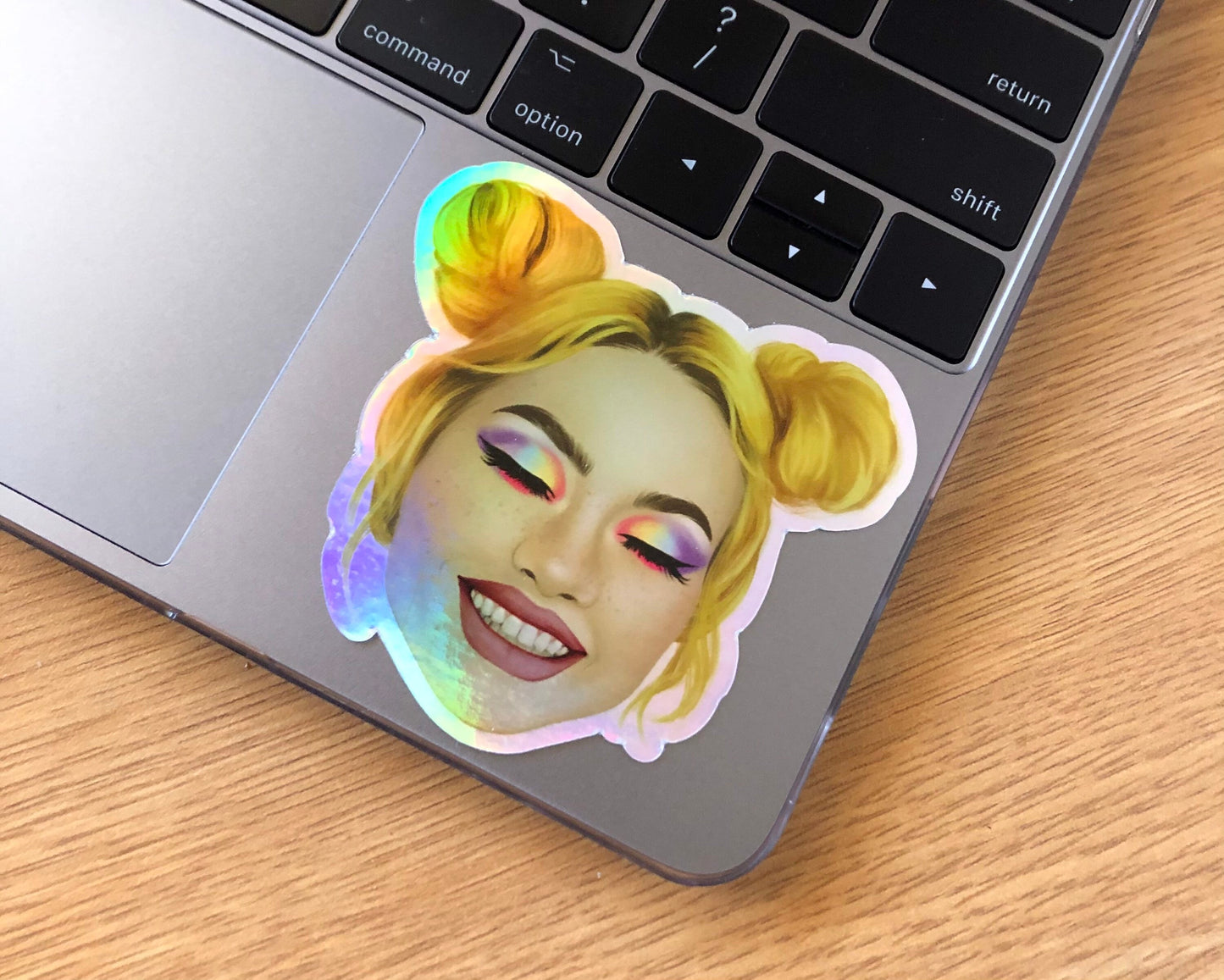 Smiling Spacebuns Girl | Rainbow Holographic Vinyl Sticker | Original Artwork Illustration