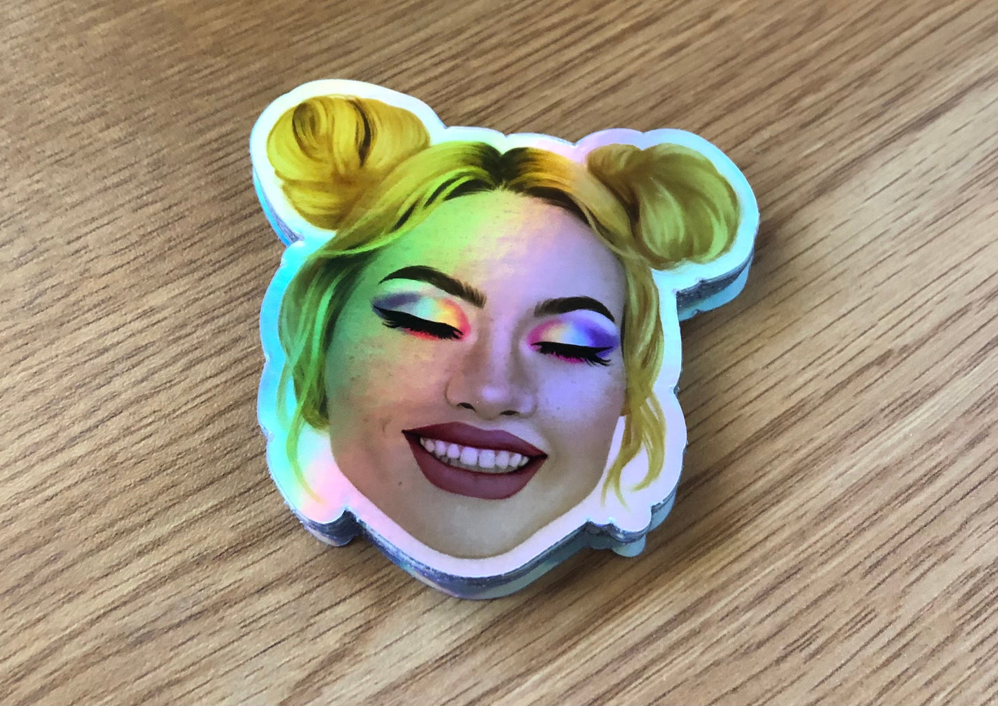 Smiling Spacebuns Girl | Rainbow Holographic Vinyl Sticker | Original Artwork Illustration