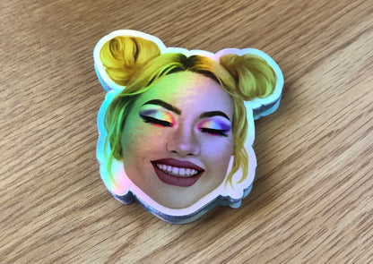 Smiling Spacebuns Girl | Rainbow Holographic Vinyl Sticker | Original Artwork Illustration