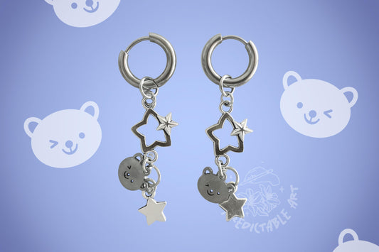 Starry Teddy Bear Kawaii Dangle Charm Earrings | Silver Huggie Hoops