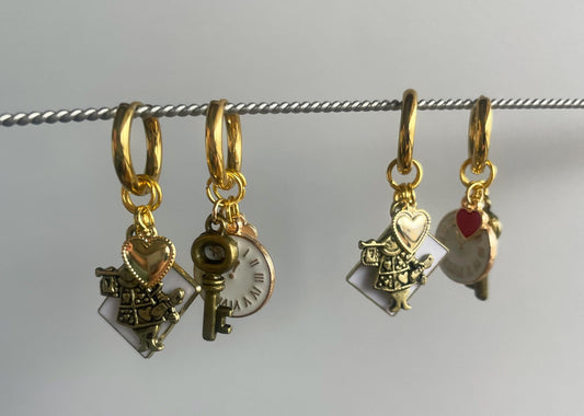 Alice in Wonderland Themed Bronze & Gold Charm Huggie Hoop Earrings