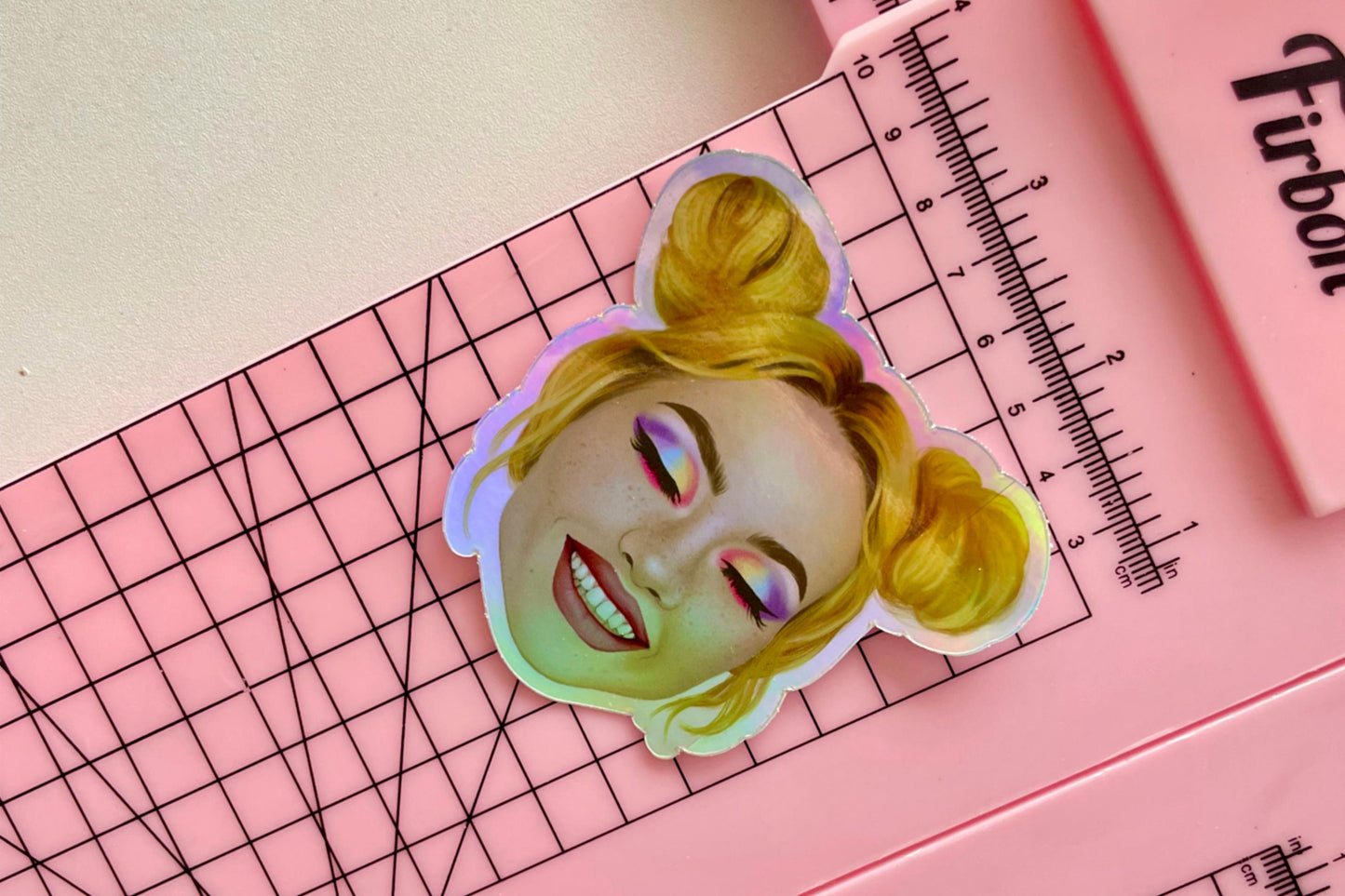 Smiling Spacebuns Girl | Rainbow Holographic Vinyl Sticker | Original Artwork Illustration