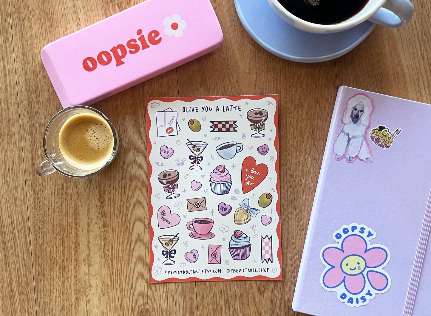 Olive You A Latte Sticker Sheet | 24 Hand-drawn Martini & Coffee Illustrated Vinyl Stickers