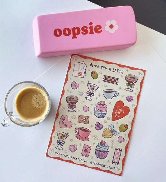 Olive You A Latte Matte Vinyl Sticker Sheet | 24pc sheet of Hand-drawn Illustrations