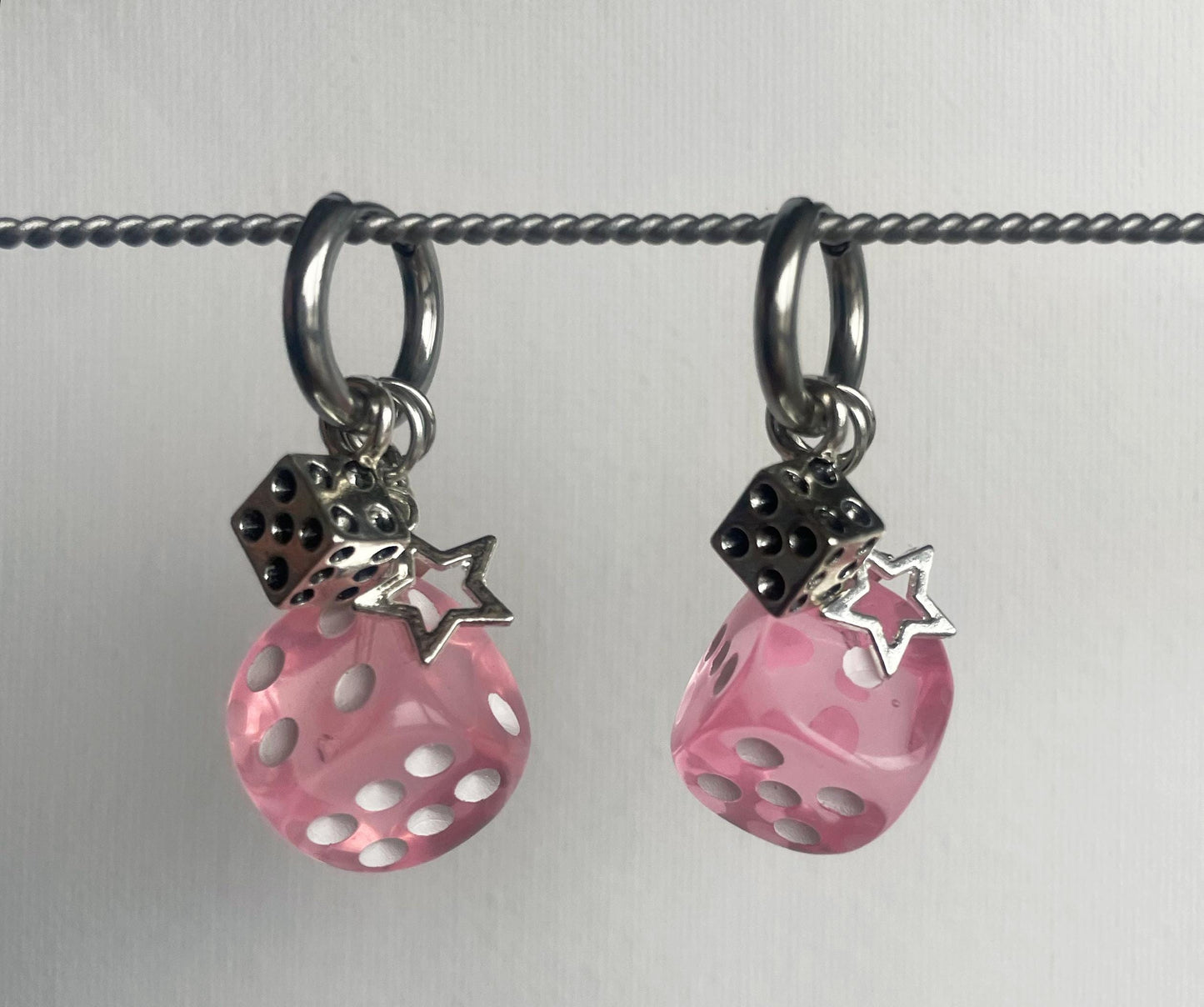 Lucky Dice Dangle Charm Earrings | Silver Huggie Hoops