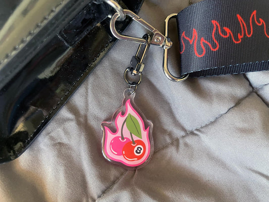 Cherry Bomb! Flaming 8-Ball Clear Acrylic Keychain Charm | U-Hook attachment