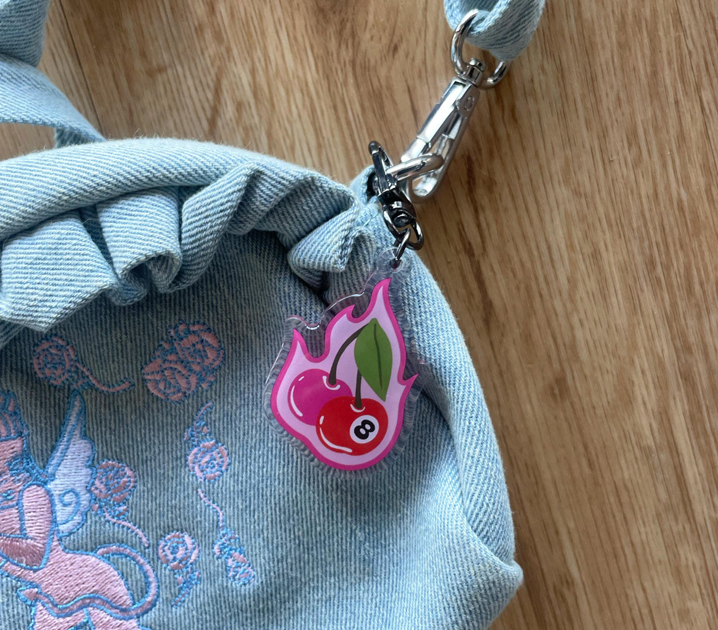 Cherry Bomb! Flaming 8-Ball Clear Acrylic Keychain Charm | U-Hook attachment