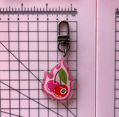 Cherry Bomb! Flaming 8-Ball Clear Acrylic Keychain Charm | U-Hook attachment