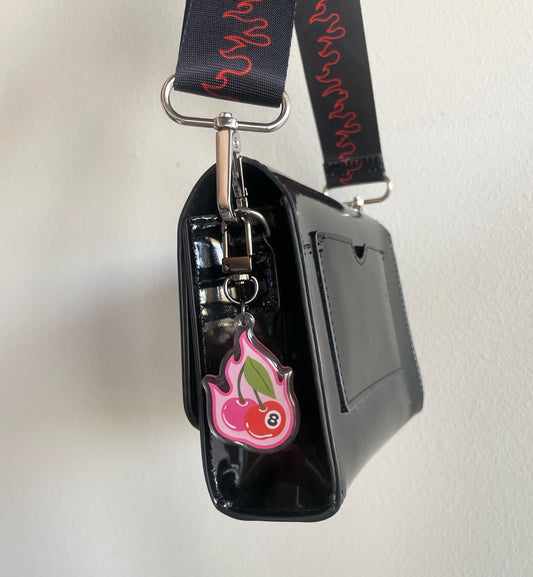 Cherry Bomb! Flaming 8-Ball Clear Acrylic Keychain Charm | U-Hook attachment