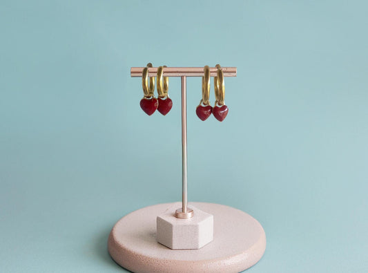 Ruby Red Heart Enamel Charm Huggie Hoop Earrings | Trendy Gold Jewelry