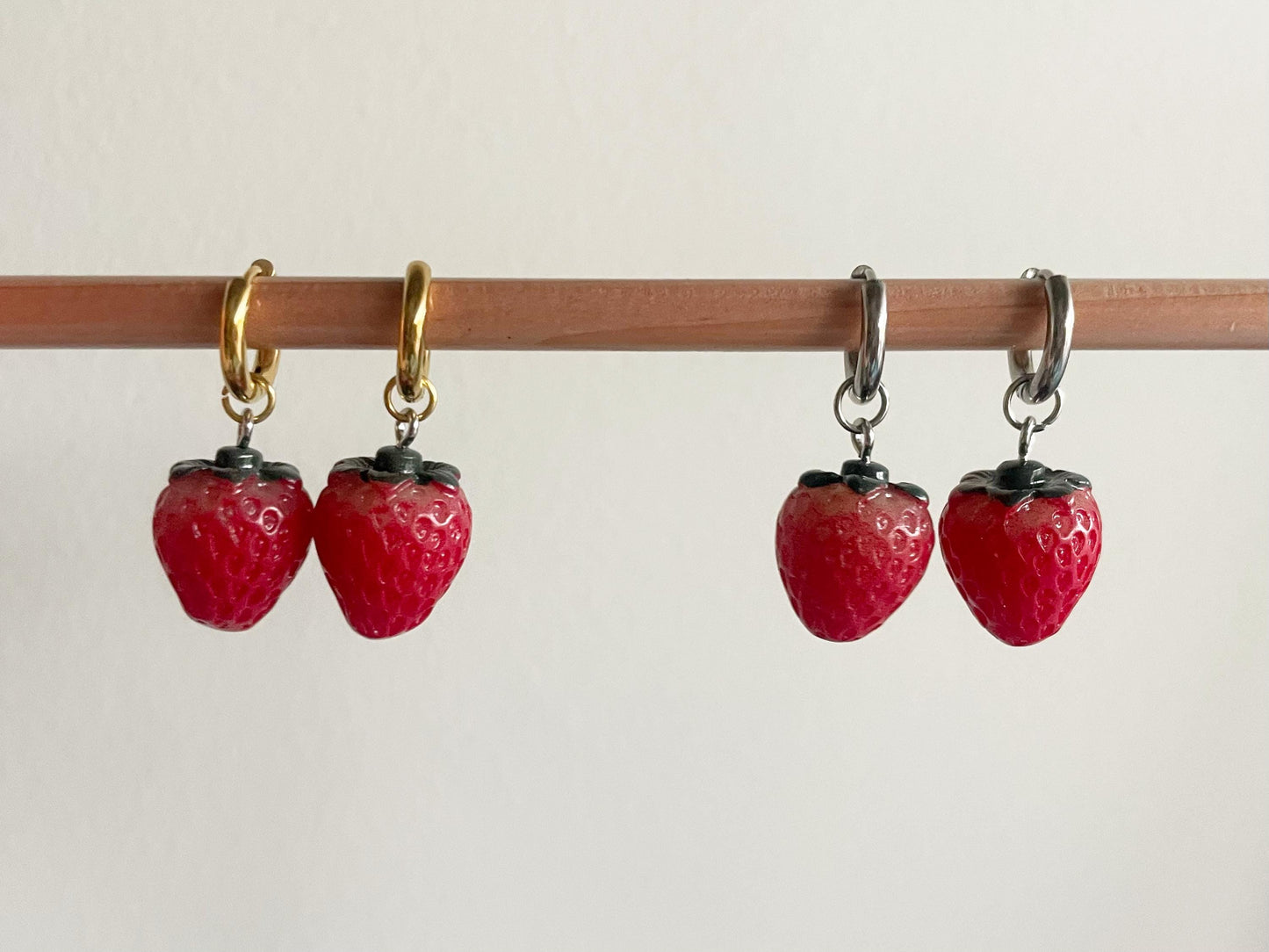 Strawberry Fruit Charm Huggie Hoop Earrings | Available in Gold or Silver