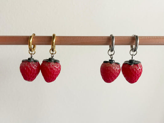 Strawberry Fruit Charm Huggie Hoop Earrings | Available in Gold or Silver