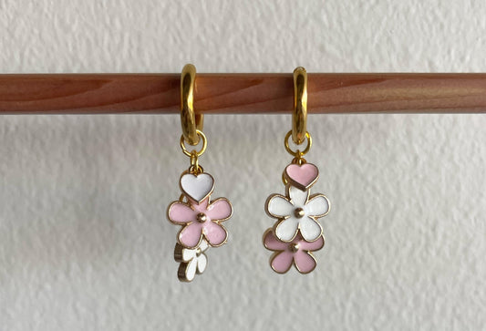 Pink & White Daisy Flower Enamel Charm Gold Huggie Hoop Earrings | Jewelry Gifts for Her