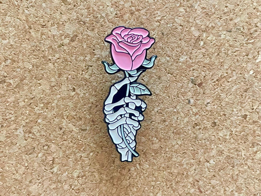 Skeleton Hand Pink Rose Enamel Pin | Gothic Floral Pin