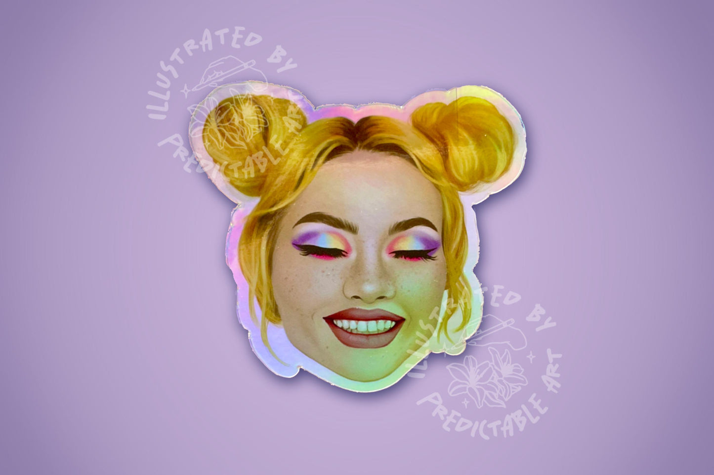 Smiling Spacebuns Girl | Rainbow Holographic Vinyl Sticker | Original Artwork Illustration